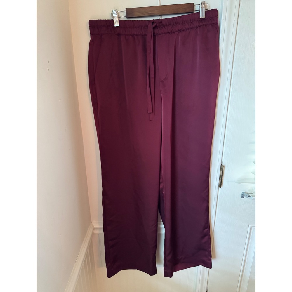 A New Day Burgundy Satin Wide Leg Pants Elastic Waist Drawstring Large NWT